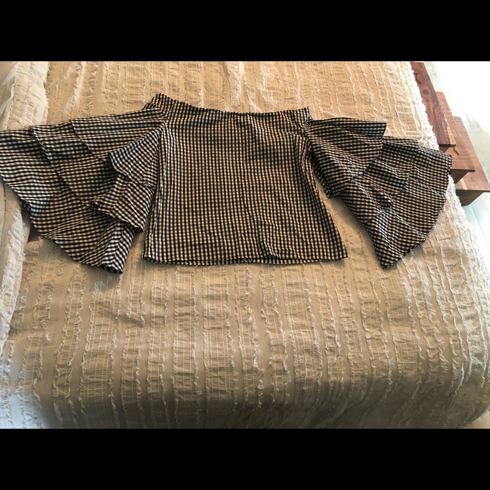 OTS gingham top w/ ruffled bell sleeves